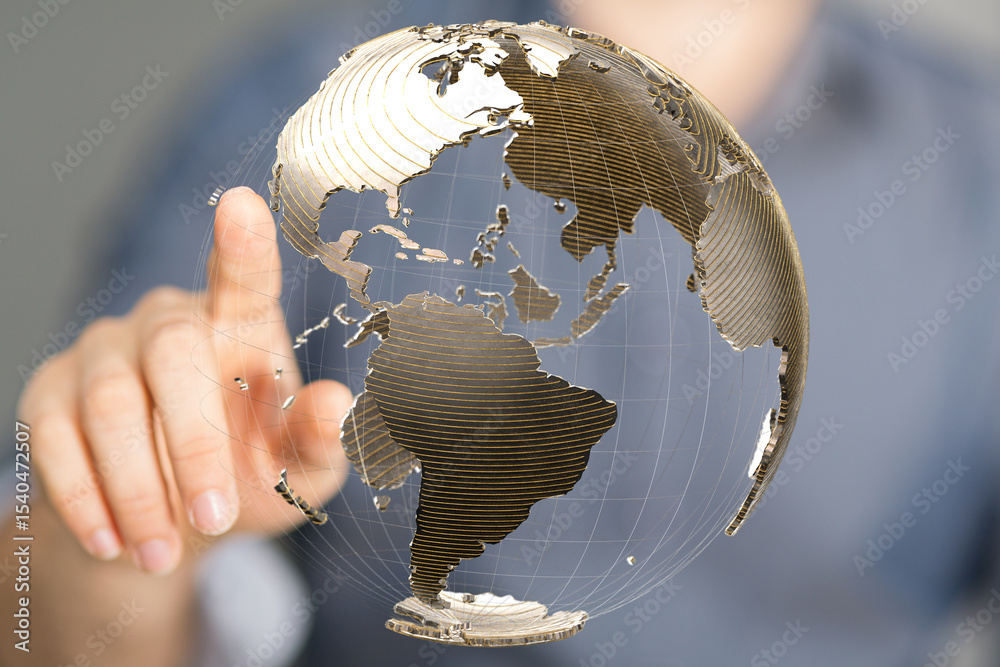 Poster person's finger interacts with a digital globe, symbolizing global connectivity and networking.