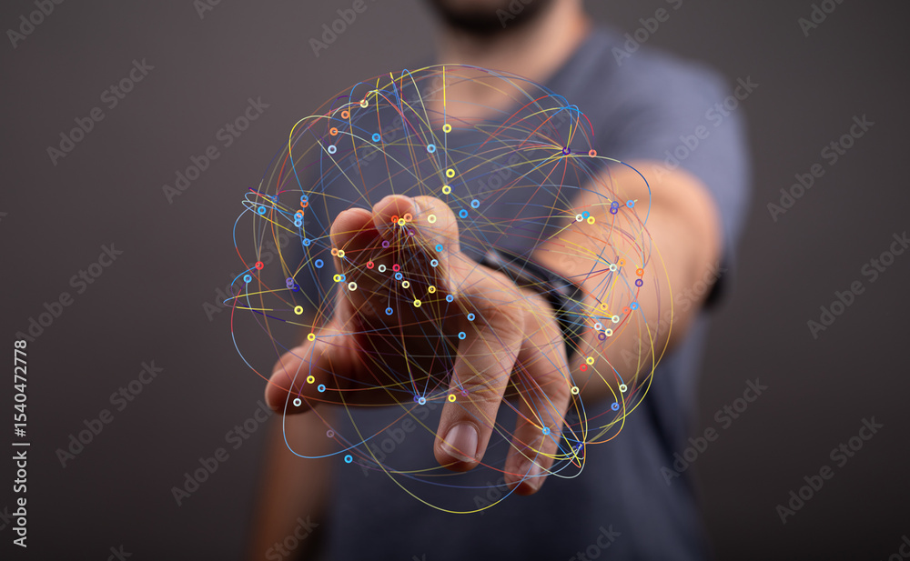 Poster a man's finger interacts with a vibrant, interconnected digital network, representing global connect