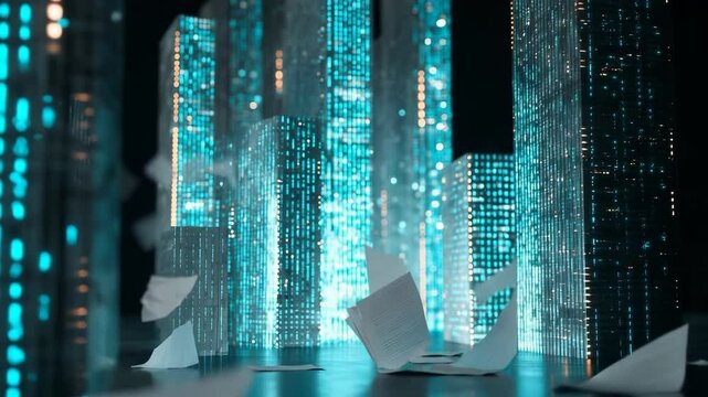 Abstract city papers flying in a digital cityscape environment, representing business challenges