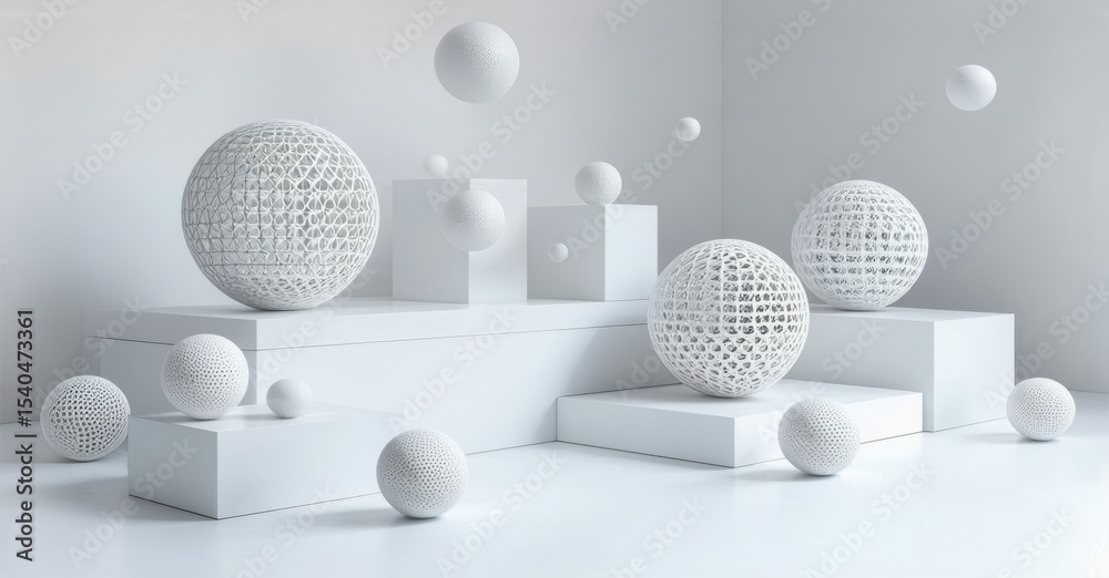 Poster minimalist composition. white spheres, cubes float, intersect. clean geometry, soft lighting creates