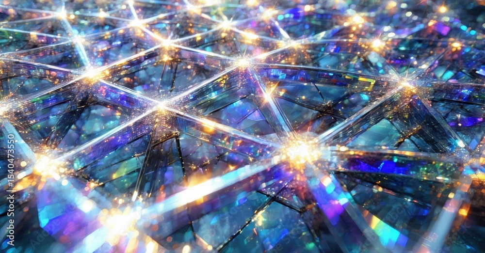 Poster Fractal geometry displays complex network. Bright lights connect points, creating futuristic visual effect. Blue, purple hues dominate scene.