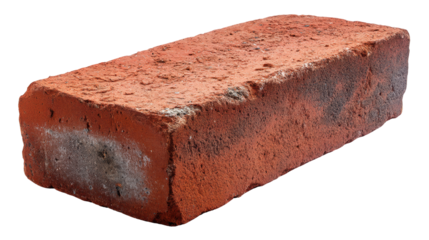 Red brick isolated on transparent background showing rough texture and weathered surface