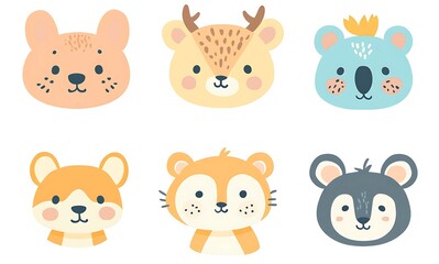 set of cute cartoon animal characters, teddy bear and lion and rabbit and unicorn and cat in clay style character with pastel color on white background
