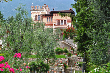 Old Decorated 19th Century Italian House with Steps and Ornate Garden 