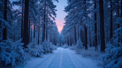 Serene winter landscape features snow covered path winding through tall pine trees, creating tranquil atmosphere at dusk