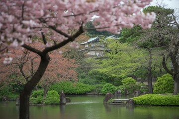 Tranquil scene of blossoming cherry trees surrounding a serene pond, offering a peaceful escape in nature's beauty.