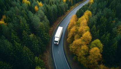 Truck driving along the road through forest landscape in autumn, aerial shot from drone pov