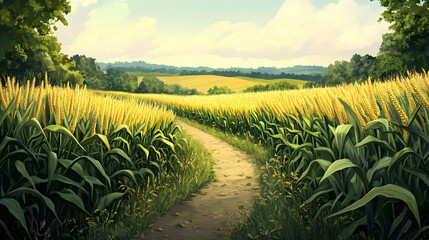 Scenic path through lush cornfield under clear sky in rural countryside landscape