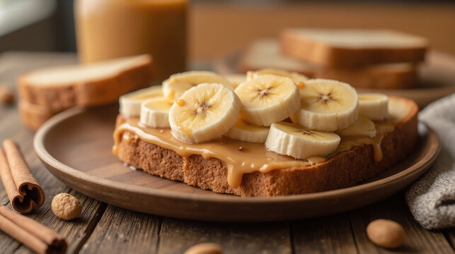 Creamy peanut butter spread on whole grain bread topped with fresh banana slices, creating delicious and nutritious snack