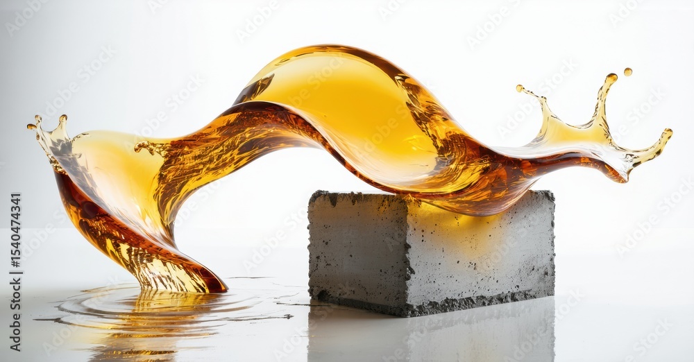 Aufkleber liquid flows over concrete cube. dynamic splash creates interesting shapes, reflections visible. bri