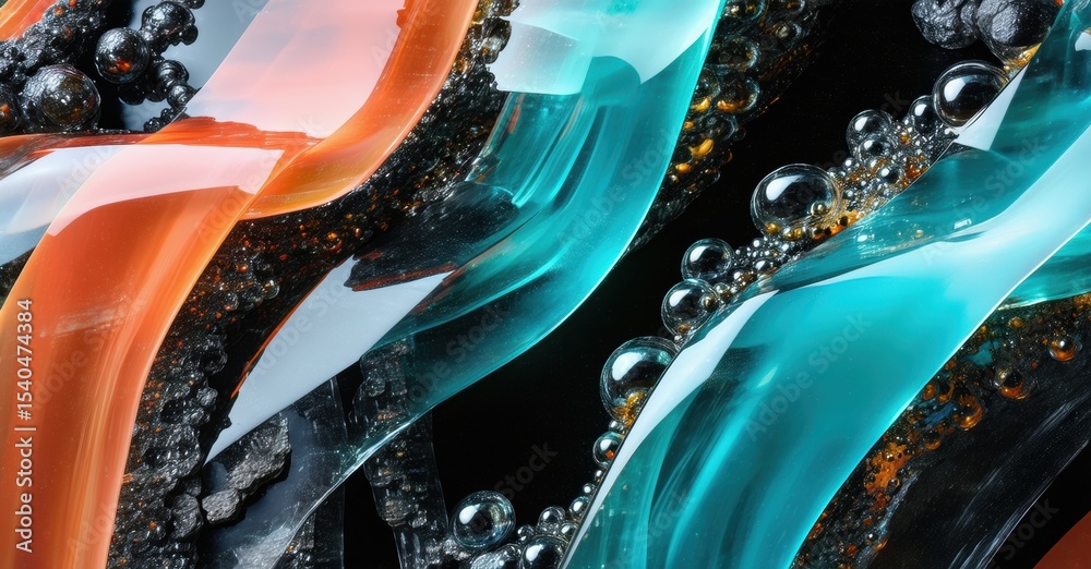 Aufkleber Abstract fluid dynamics. Colorful waves intermingle, creating mesmerizing patterns. Bubbles float within dark liquid matrix. Viscous textures dominate composition.