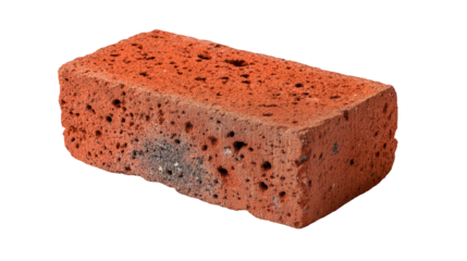 Isolated red brick on transparent background with rough texture and porous surface