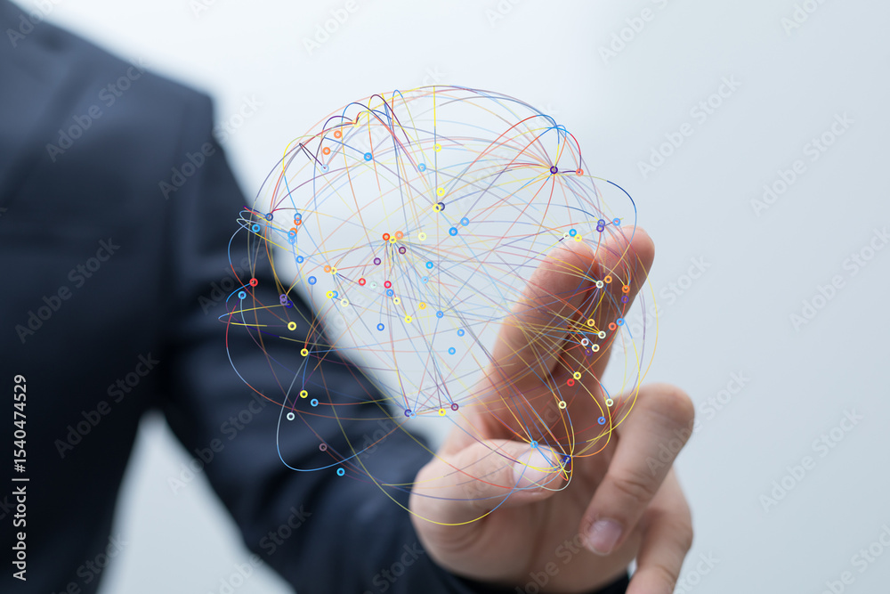 Poster Image depicts a person interacting with a digital network visualization, showcasing complex connections and data flow.