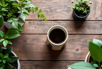 Single handleless coffee cup on rustic table surrounded by potted green plants without flowers