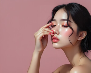Woman with pink blush and glossy lips