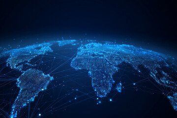 World map glowing with blue digital lights, global technology network, cyber connection, innovation, futuristic system, worldwide communication, digital era.

