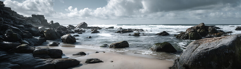 Obraz premium A beach with a rocky coastline, travel concept