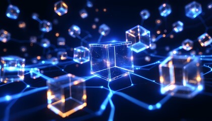 Obraz premium Abstract 3D cubes interconnected with glowing lines, representing digital storage and networks.