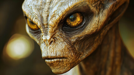 Close-up of alien creature with lizard-like skin and golden eyes