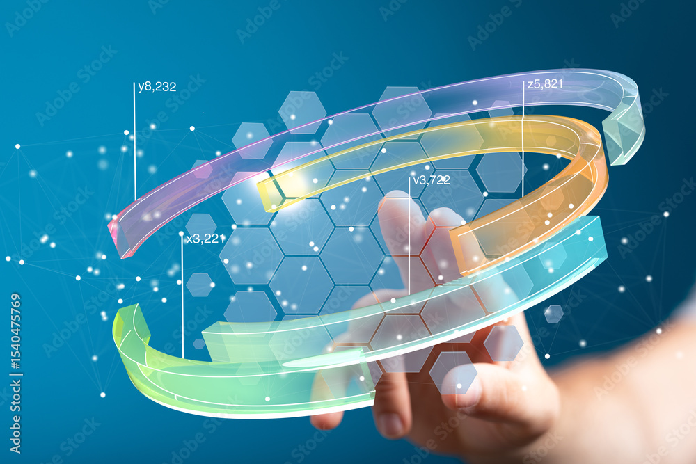 Aufkleber Abstract image of a hand interacting with a futuristic data visualization interface.  Ideal for technology, business, and innovation concepts.