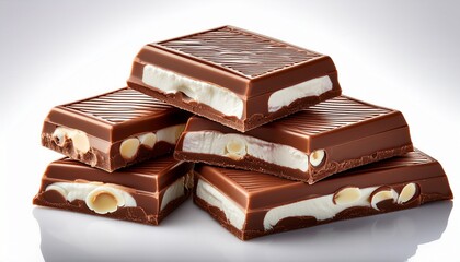 a rich chocolate bar featuring layers of creamy nougat displayed on a white background