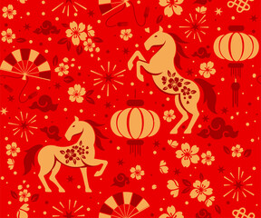 Seamless pattern happy chinese new year 2026 the horse zodiac sign with asian elements paper cut style on color background.