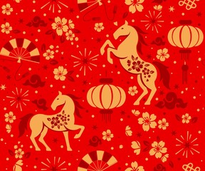 Seamless pattern happy chinese new year 2026 the horse zodiac sign with asian elements paper cut style on color background.