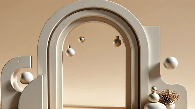 Arched elegance A staged tableau of spheres shapes and gilded ornaments against a neutral backdrop