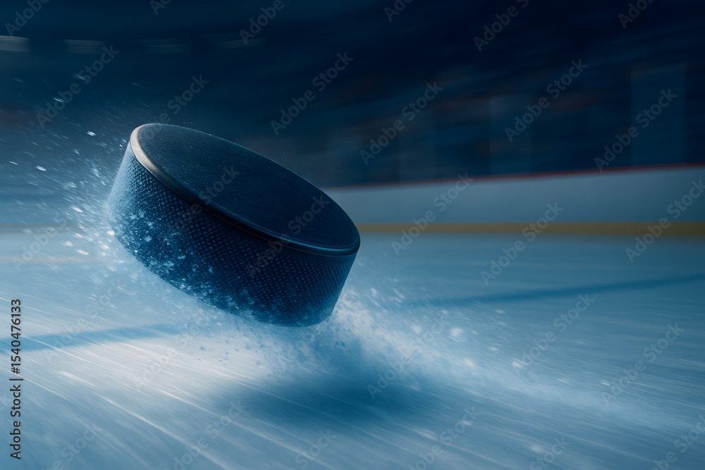 Poster dynamic ice hockey puck in motion on frozen rink surface