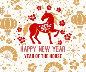 Chinese New Year 2026 Year of the Horse. Design template for festive illustrations, greeting cards and banners.