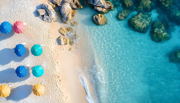 Aerial view of colorful umbrellas, sandy beach and blue sea with waves and rocks at sunset, tropical seascape. Top view of clear water, beach
