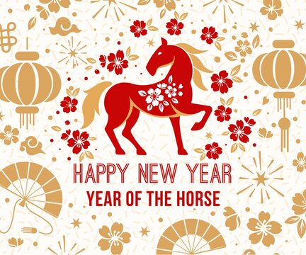 Chinese New Year 2026 Year of the Horse. Design template for festive illustrations, greeting cards and banners.