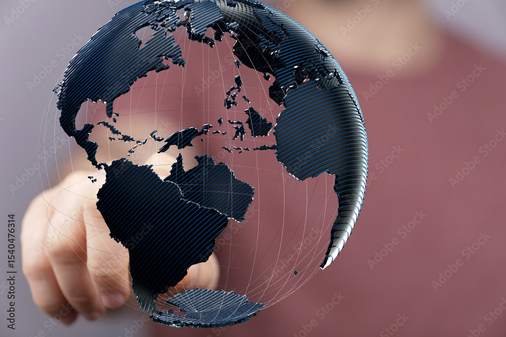 Poster Abstract image of a hand interacting with a 3D model of the Earth, representing global connectivity and networking.