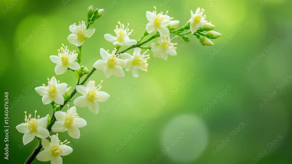 Poster A close-up shot of a tree branch featuring white flowers, perfect for using in editorial or commercial contexts
