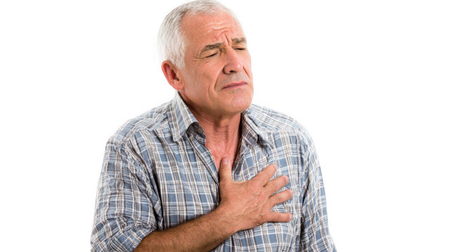 Senior man experiencing intense chest pain, clutching his chest with a pained expression, isolated on a transparent background, ideal for health and medical related projects