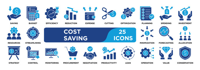 Cost Saving icon collection set. Containing saving,budget,efficiency,reduction,expense,cutting,optimization,planning,spending,investment icon. dual tone vector.