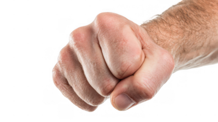 Male hand is tightly clenched into a fist, conveying strength, aggression, or determination against a transparent background, making it easy to isolate and use in various design projects