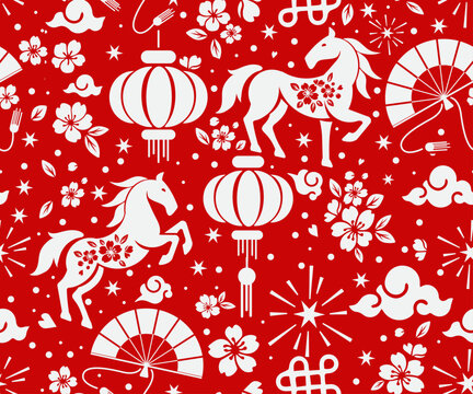 Seamless pattern happy chinese new year 2026 the horse zodiac sign with asian elements paper cut style on color background.