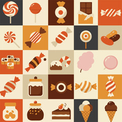 A seamless geometric retro vector pattern oftypes of candy and sweets