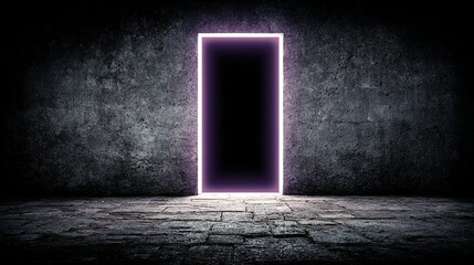 Empty room with a glowing purple door.