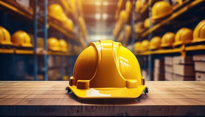 yellow safety helmet shelf blur warehouse background construction labor day national safety month campaign work safety concept protection workplace health care and industry