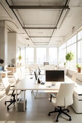 Interior of modern office with table and chairs located in room with glass walls.modern office interior.