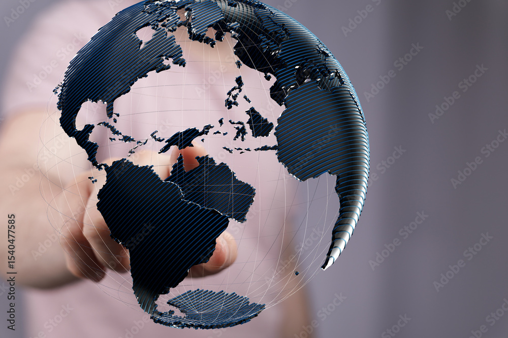 Poster Abstract image of a hand interacting with a 3D model of the Earth, representing global connectivity and networking.