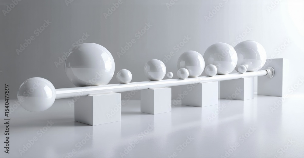 Poster minimalist composition. spheres rest upon white cubes. clean lines, reflective surfaces, simple geom
