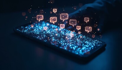 Fototapeta premium Smartphone Emitting Glowing Chat Bubbles in a Dark Environment