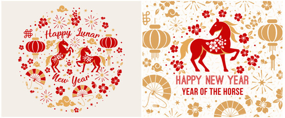 set of elements for social media. Happy Chinese New Year 2026 Chinese zodiac horse with paper lacing on colorful background.