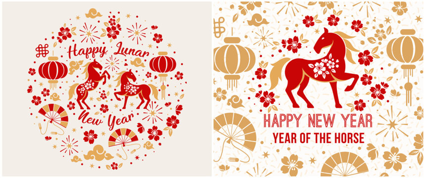 set of elements for social media. Happy Chinese New Year 2026 Chinese zodiac horse with paper lacing on colorful background.
