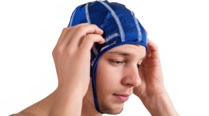 Young man adjusting a blue cooling cap on his head, finding relief from headache or heat, isolated on transparent background, offering versatility for various design projects