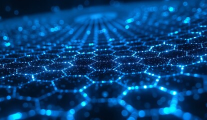 Hexagonal Grid with Illuminated Nodes in Blue Tones