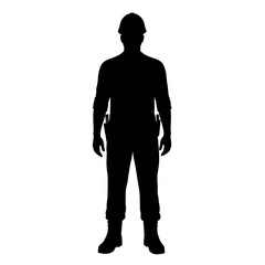Fototapeta premium Black silhouette construction worker hard hat builder figure safety equipment construction building